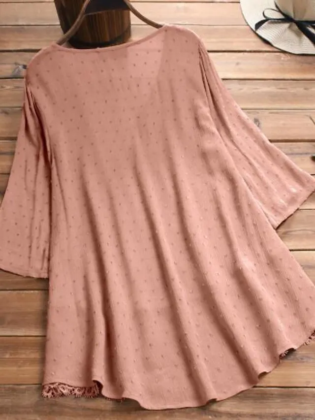 Women's Shirt Blouse White Eyelet Tops Cotton Pure Color White Pink Green Lace Button 3/4 Length Sleeve Daily Basic Casual V Neck Regular Fit Summer Spring Fall