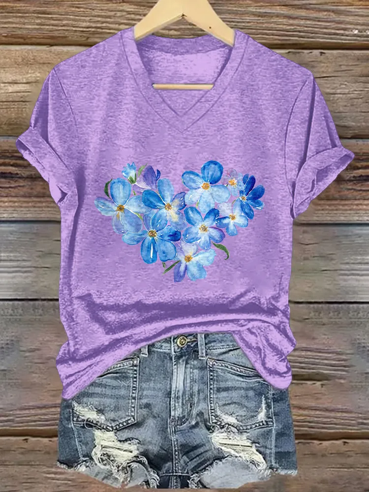 Women'S Heart-Shaped Flower Printed Alzheimer'S Awareness V-Neck T-Shirt