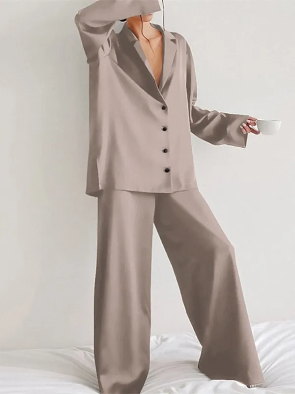 Women's Satin Silk Sleepwear 2Pcs Sets Pj Pure Color Lapel Long Sleeve Button and Wide Leg Pants Fashion Comfort Home Daily Summer Fall Blue Light Green