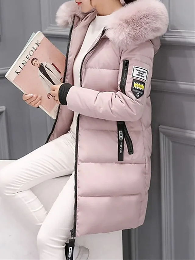 Women's Parka Long Puffer Jacket Thicken Winter Coat with Fur Collar Hood Fall Windproof Warm Overcoat with Pockets Stylish Contemporary Casual Jacket Long Sleeve Full Zip Black White Light Green
