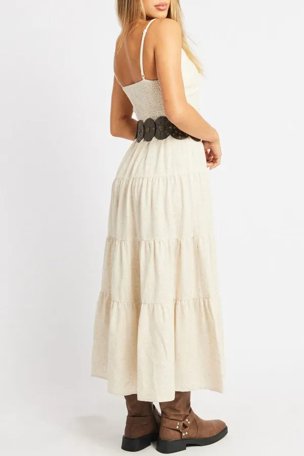 Beige Midi Dress Tiered Strappy