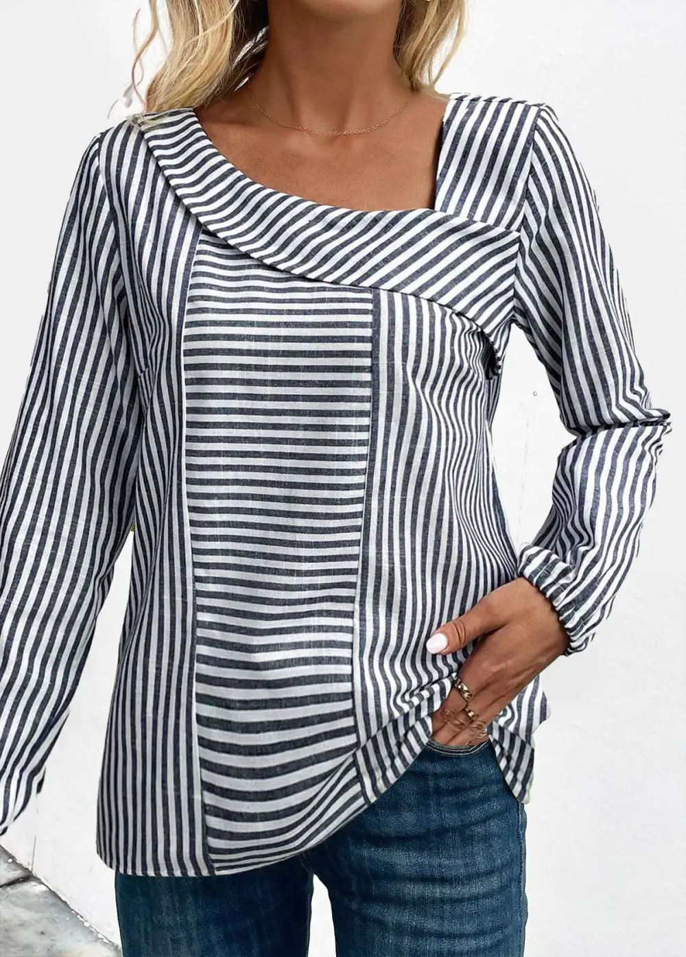 Navy Asymmetry Striped Long Sleeve Asymmetrical Neck Blouse