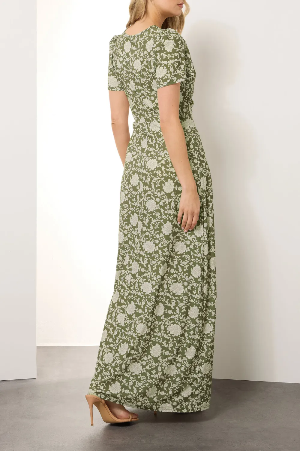 Scooped Neckline Green Floral Ruched Maxi Dress