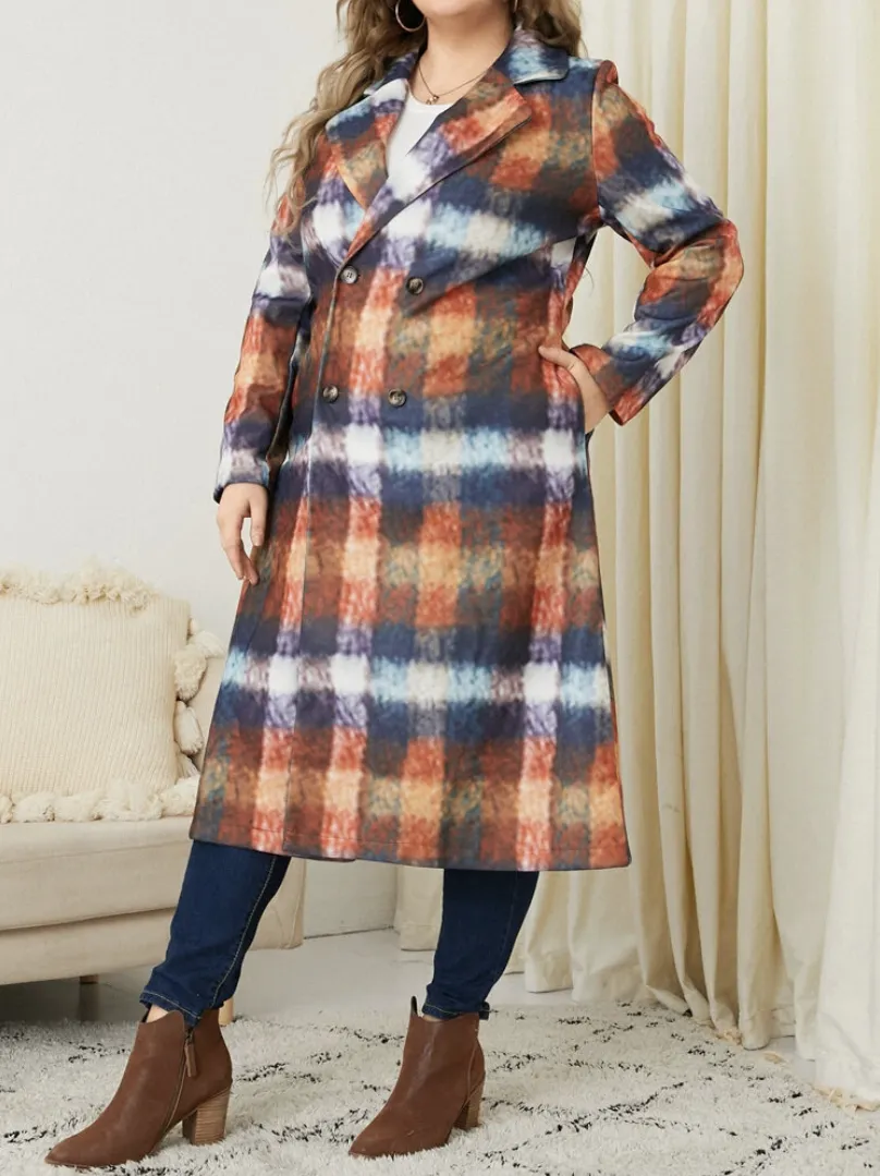 Plus Size Casual Plaid Print Loose Pocket Windbreaker Jacket