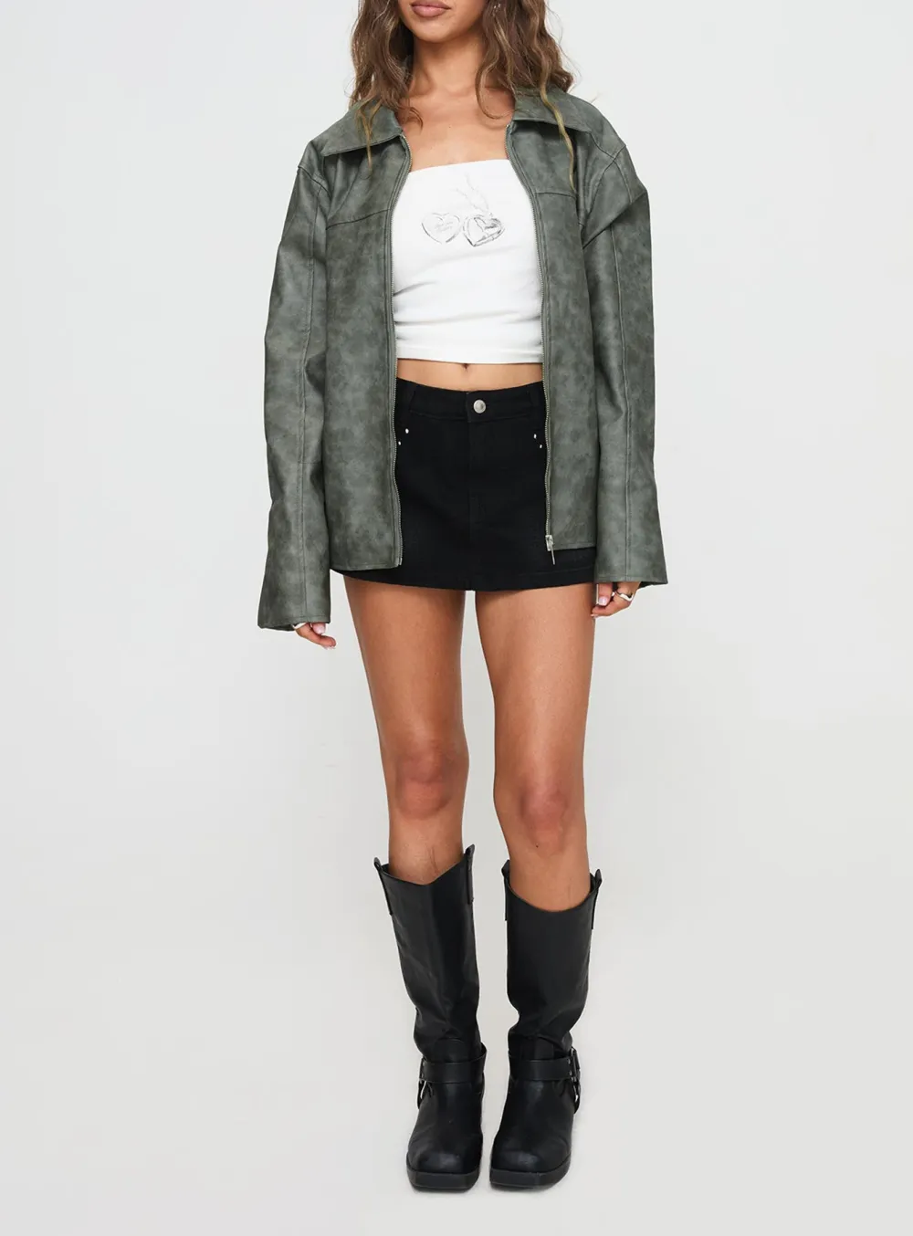 Grey Faux Leather Collared Jacket