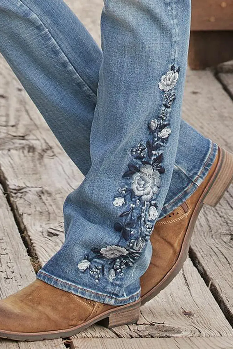 Floral Embroidery Mid Waist Bootcut Jeans