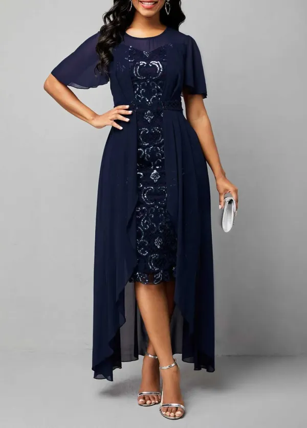 Sequined chiffon embroidered crew neck dress