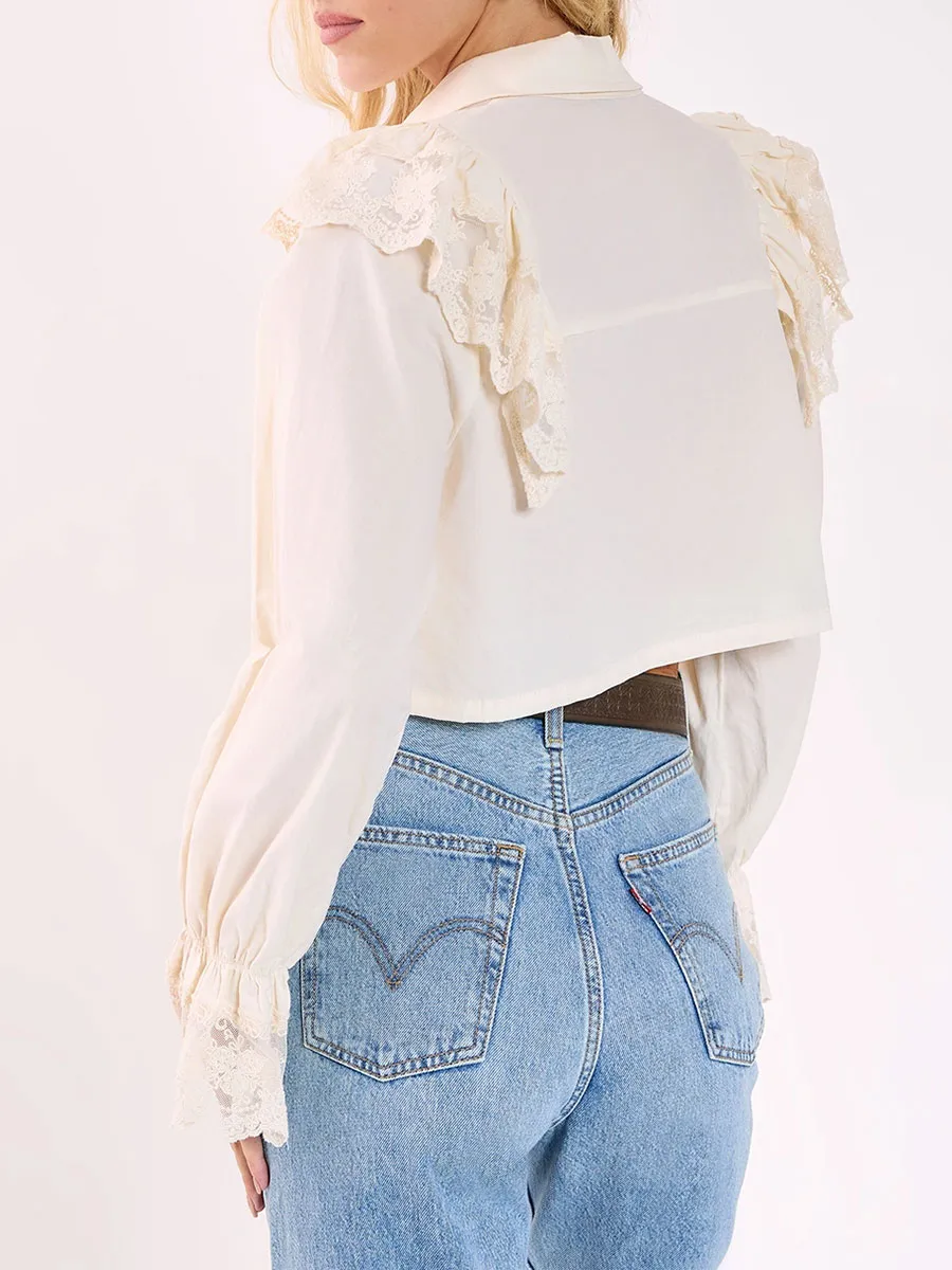 Women'S Cream Lace Ruffle Cropped Shirt