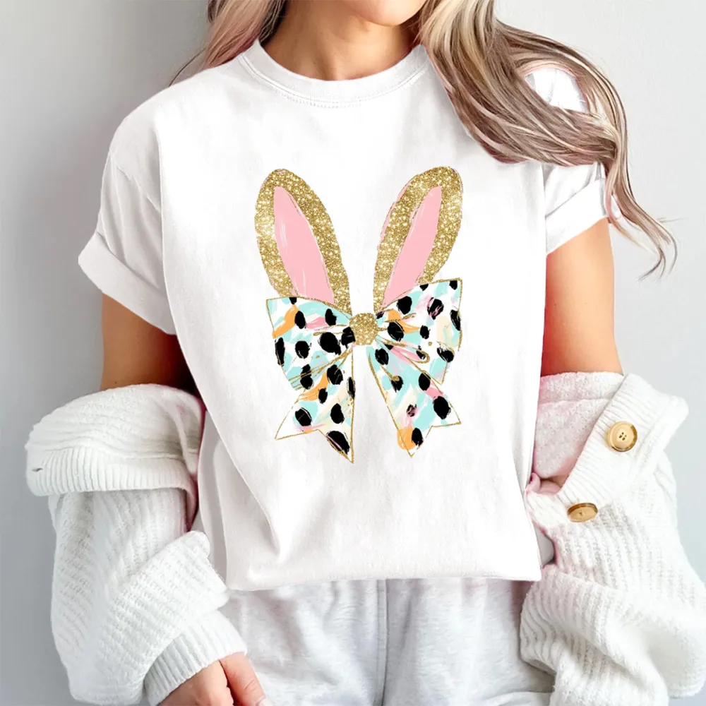 Easter Shiny Leopard Bow Bunny Ears Printed Round Neck Short Sleeve T-Shirt
