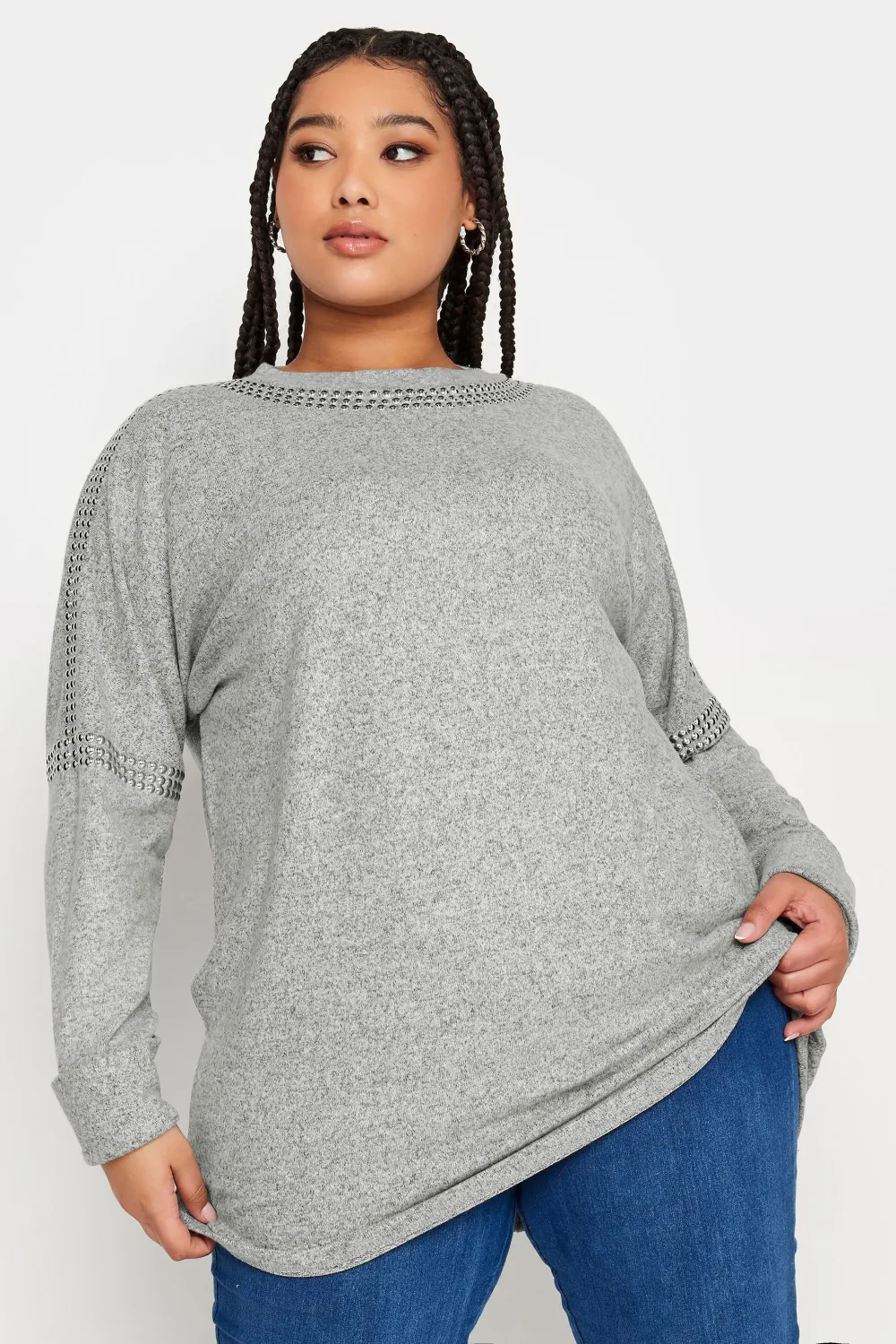 YOURS Curve Light Grey Stud Batwing Sleeve Jumper