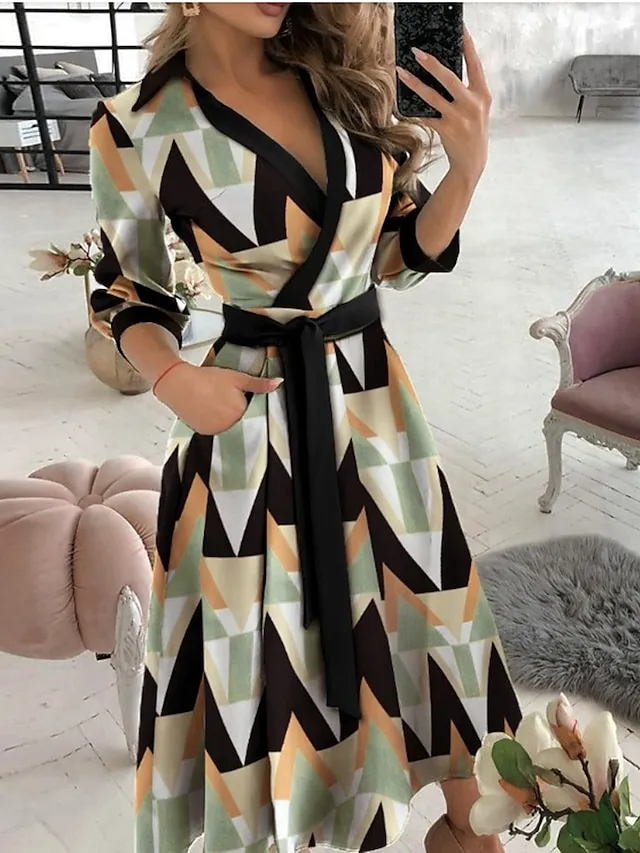 Women‘s A Line Dress Midi Dress Tie dye Letter printing Butterfly print Big wave point Small dots Diamond printing Black khaki Sky Blue Red Long Sleeve Print Butterfly Pure Color Lace up Pocket