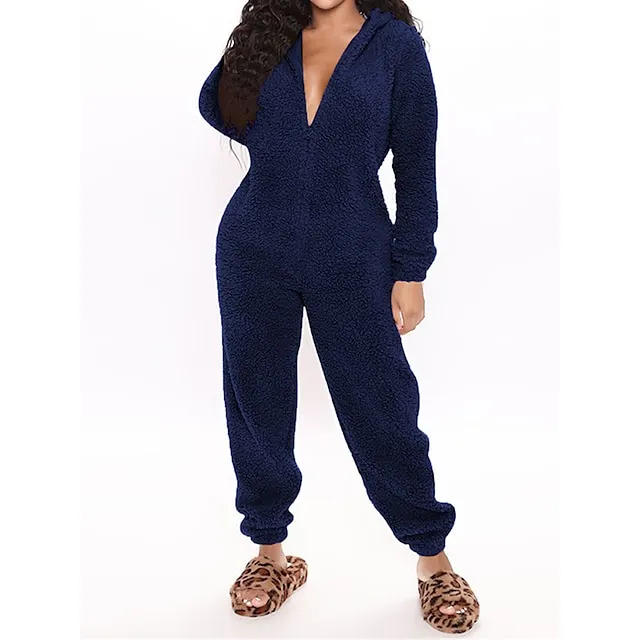 Women‘s Fleece Adult Onesies Onesie Pajamas Fluffy Fuzzy Warm Pajama Pure Color Plush Casual Comfort Home Daily Bed Sherpa Warm Hoodie Long Sleeve Fall Winter Black Pink