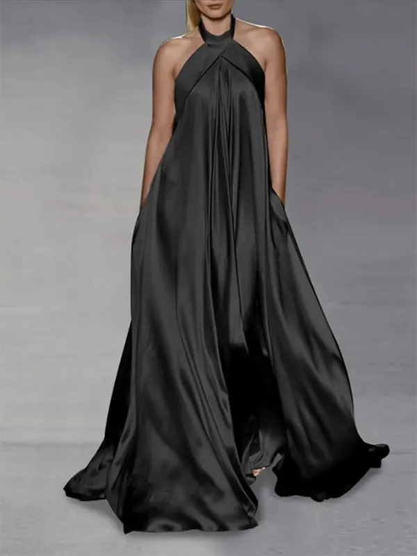 Loose Sleeveless Solid Color Halter-Neck Maxi Dresses
