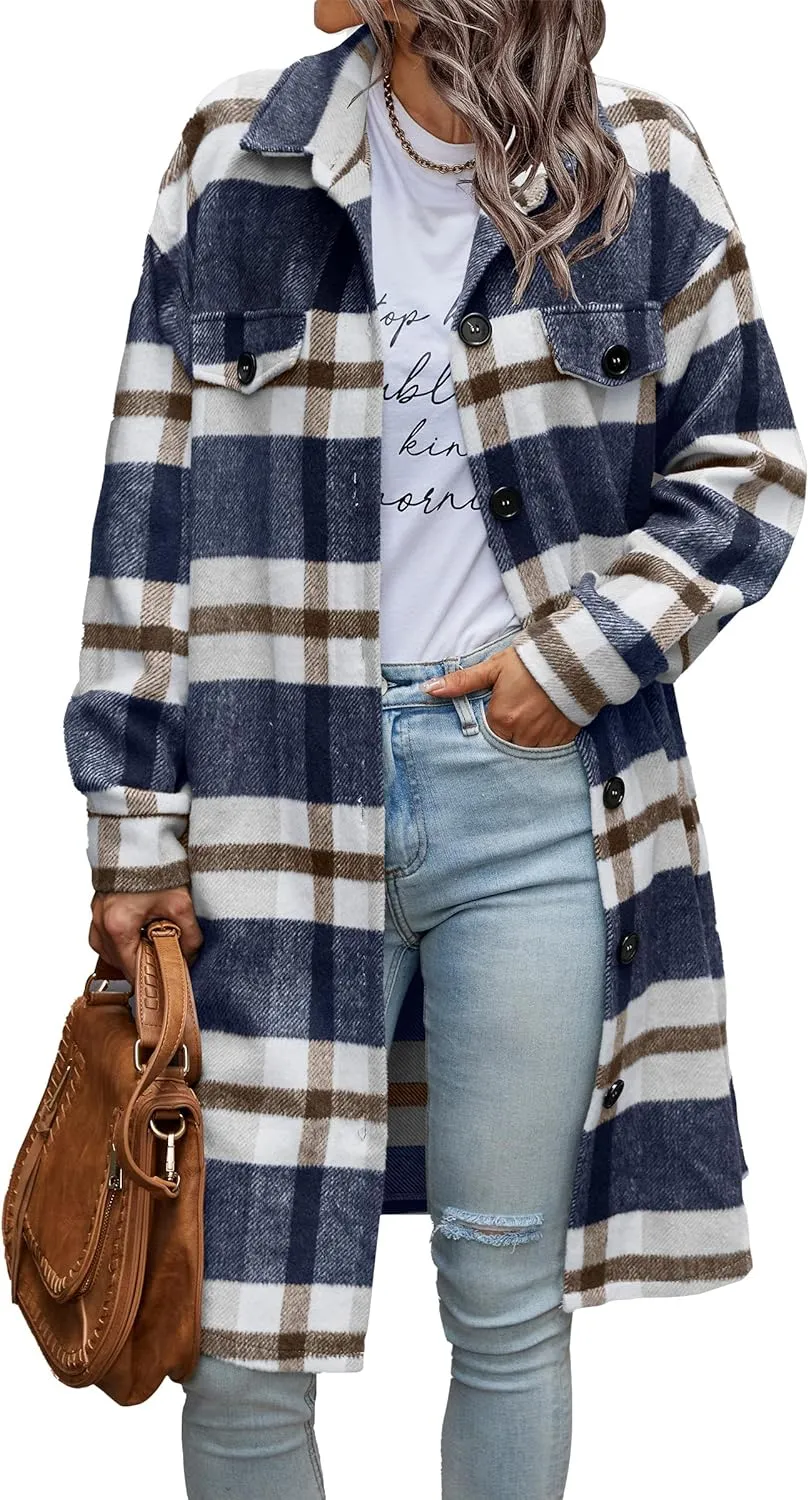 Women's Plaid Shacket 2023 Long Sleeve Button Up Flannel Shirt Winter Tartan Jacket Woolen Coats