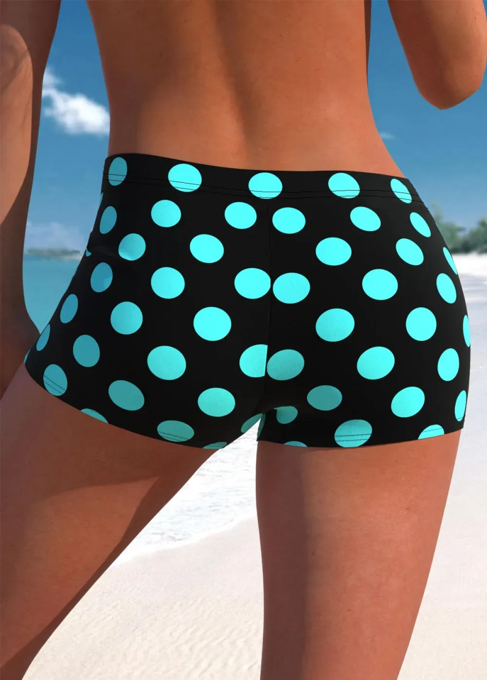 Fake 2in1 Polka Dot Cyan Tankini Top