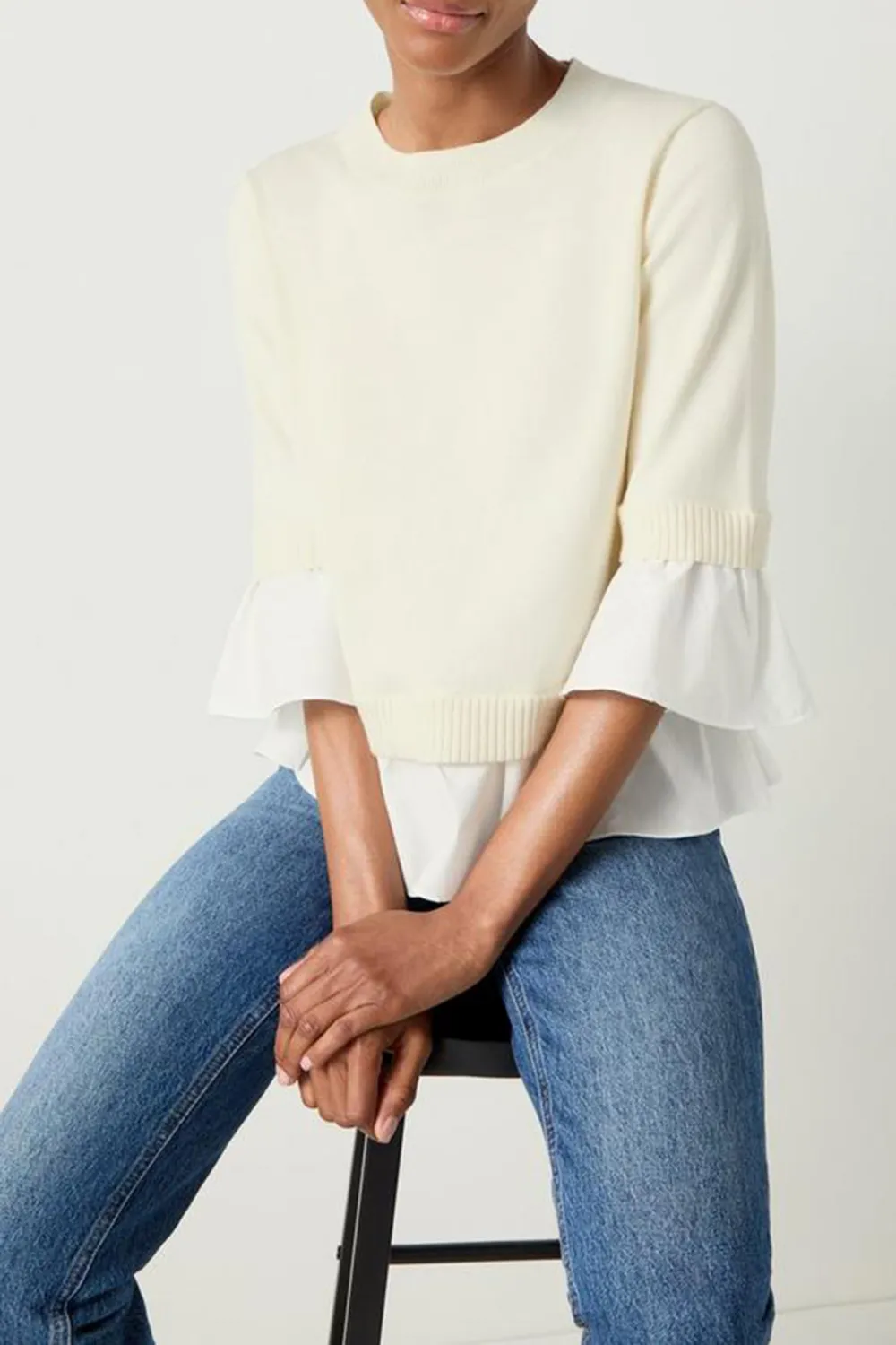 White Layered Hem Short Sleeve Knit Sweater
