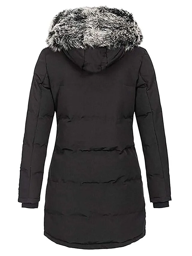 Women's Parka Puffer Jacket Winter Coat Zip up Hooded Coat with Fur Collar Thermal Warm Heated Coat Fall Outerwear with Pockets Classic Long Sleeve Black White
