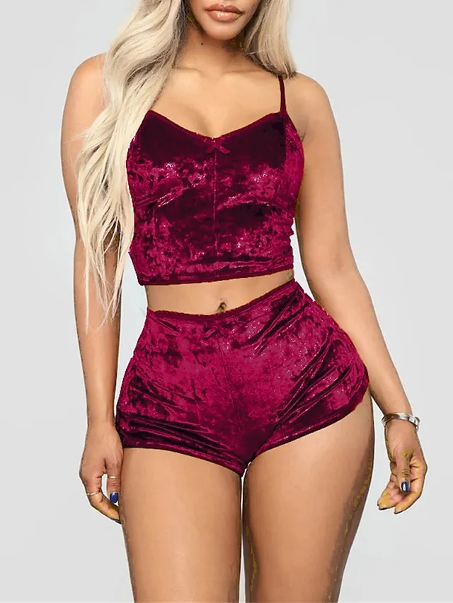 Women's Loungewear Sets Pure Color Fashion Casual Comfort Xmas Home Christmas Street Spandex Breathable Straps Sleeveless Strap Top Shorts Summer Spring Lake blue Wine Red