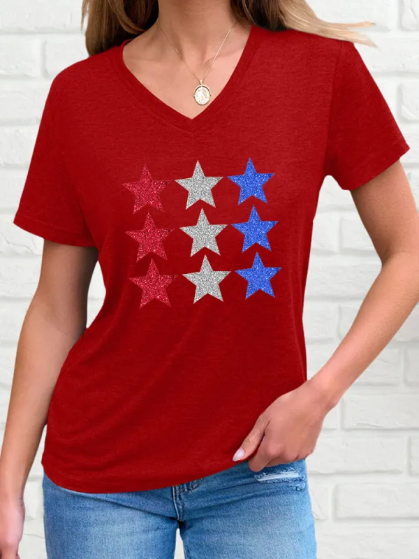 Star Pattern V-Neck Short-Sleeve T-Shirts