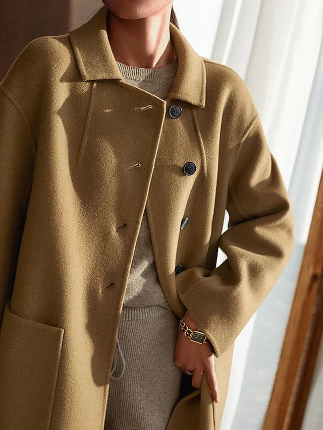 Women's Wool Blend Coat Winter Coat Long Pea Coat Fall Single Breasted Overcoat with Pockets Windproof Warm Trench Coat Casual Jacket Long Sleeve Black Camel Gray