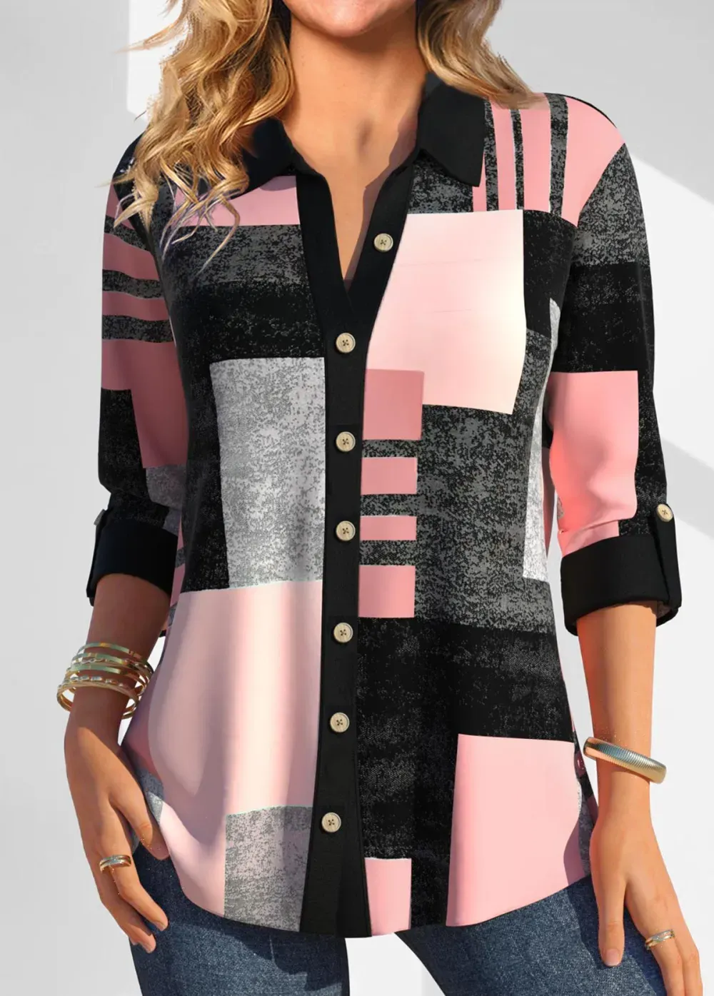 Pink Button Geometric Print Three Quarter Length Sleeve Blouse