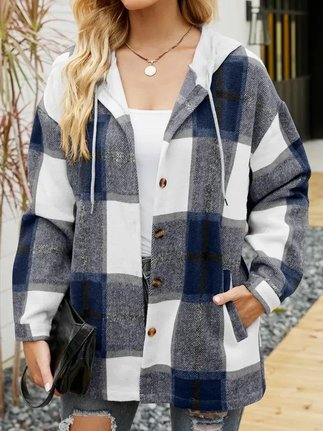 Hoodie Long Sleeve Plaid Regular Micro-Elasticity Loose Jacket For Women
