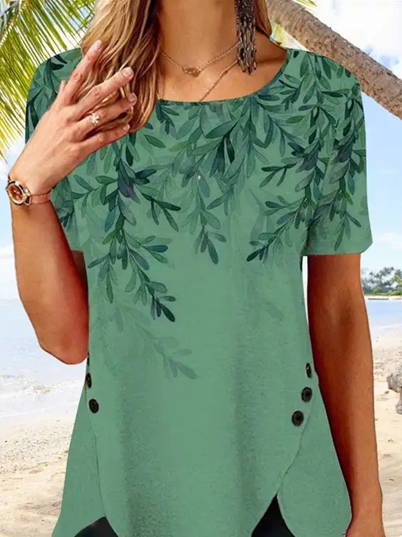 Women's Green Scoop Neck Short Sleeve Printed Top