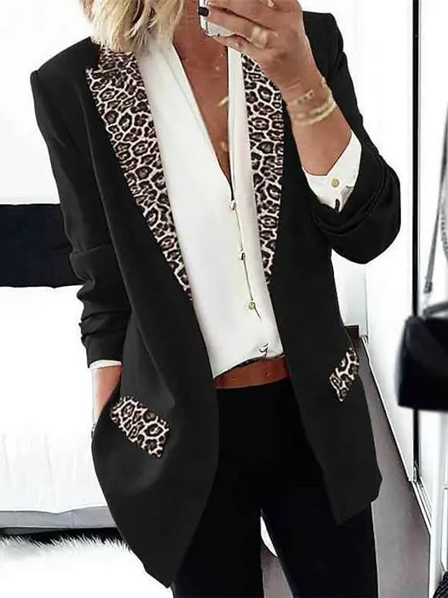 Women's Blazer Regular Print Coat Black Pink Wine Khaki Orange Casual Street Fall Open Front Turndown Regular Fit S M L XL XXL 3XL / Daily / Warm / Leopard