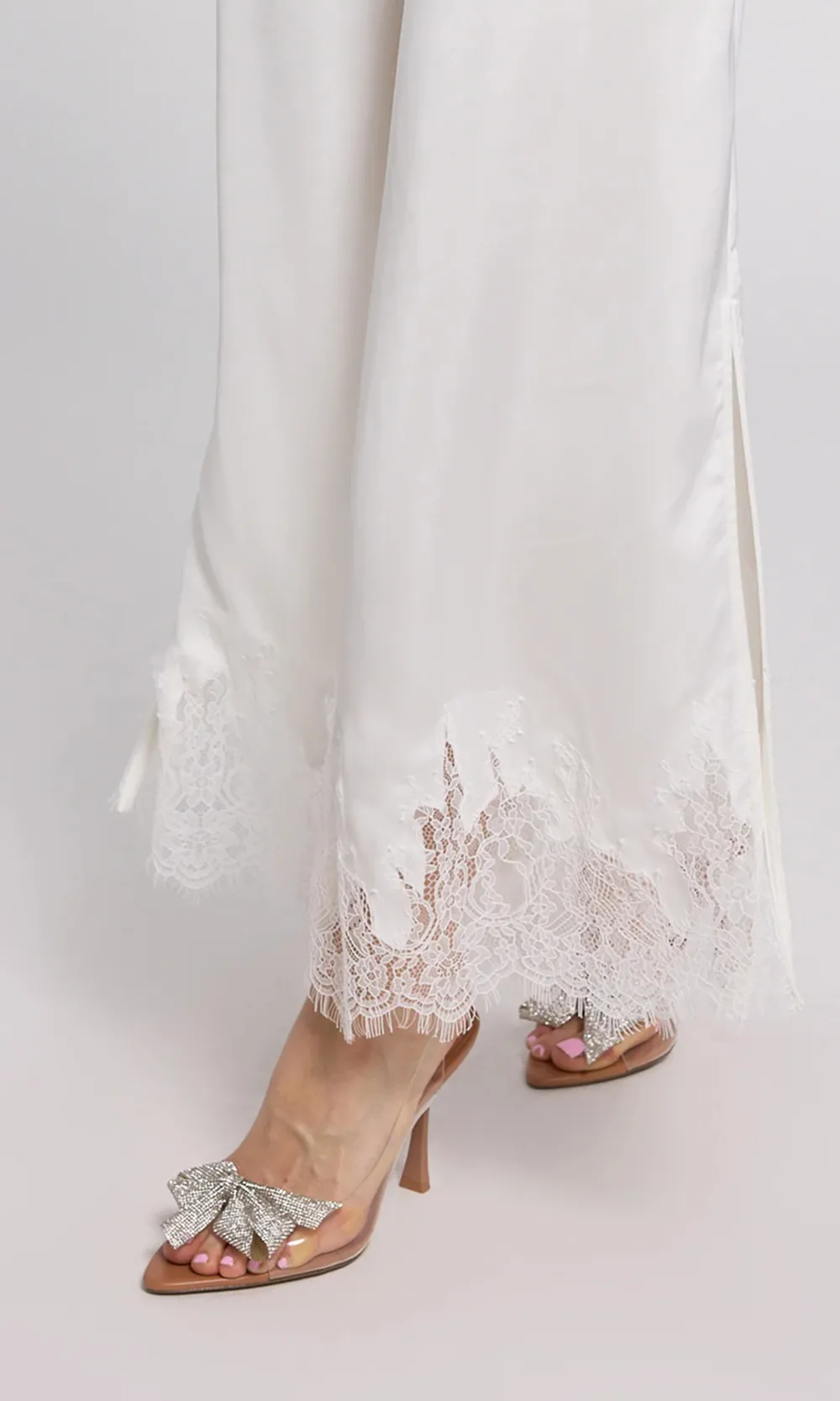 White Lace Panel Satin Pants