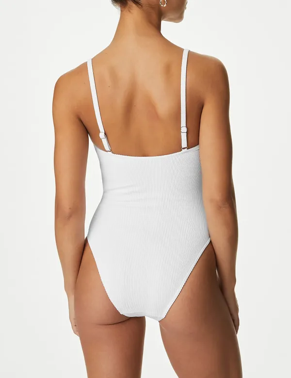White Tummy Control Ribbed Padded V-Neck Swimsuit