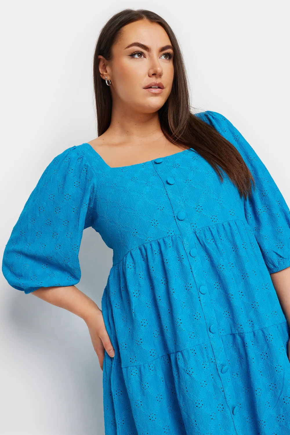 YOURS Curve Blue Broderie Anglaise Button Front Dress