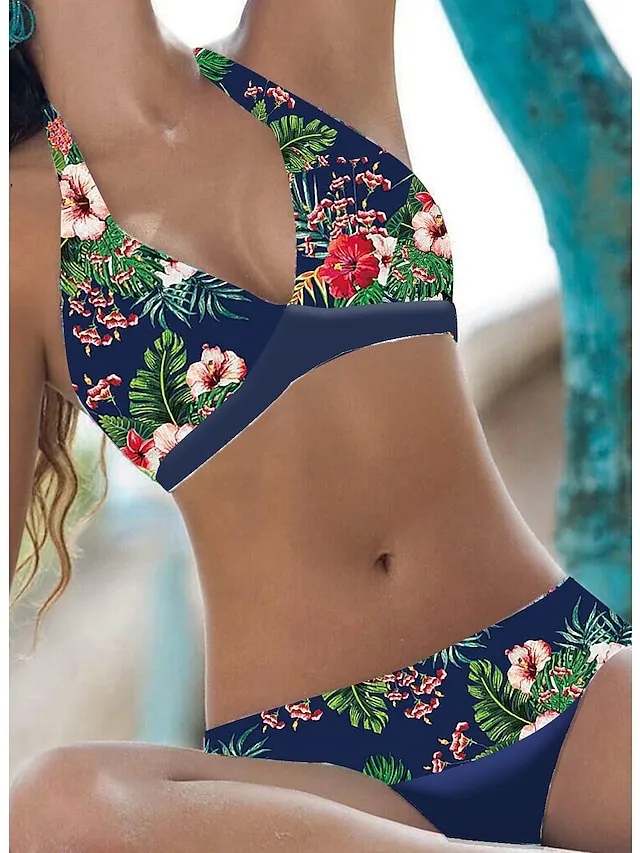 Women's Swimwear Bikini 2 Piece Normal Swimsuit Halter 2 Piece Open Back Sexy Floral White Blue Dusty Blue Green Halter V Wire Bathing Suits Sexy Vacation Beach Wear