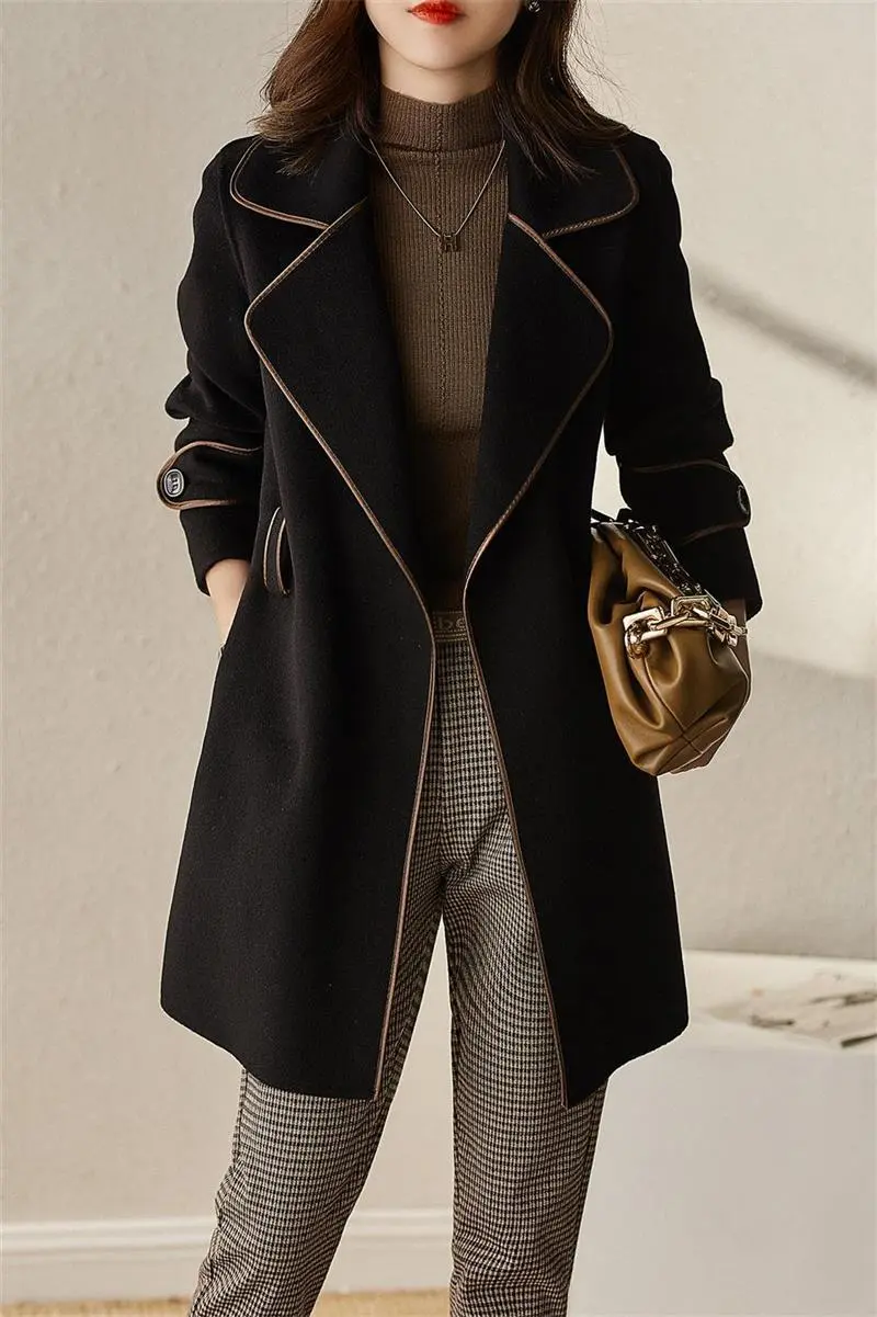 Contrasted trims front tie lapel coat