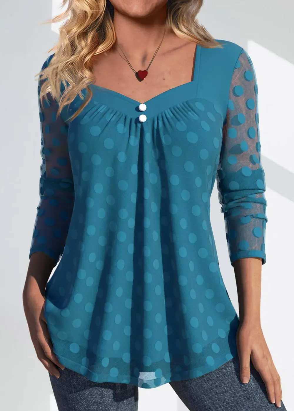 Peacock Blue Mesh Long Sleeve Heart Collar T Shirt
