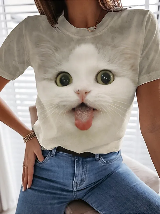 Women's T shirt Tee Black White Blue Graphic Cat Print Short Sleeve Daily Weekend Vintage Round Neck Regular 3D Cat Painting S