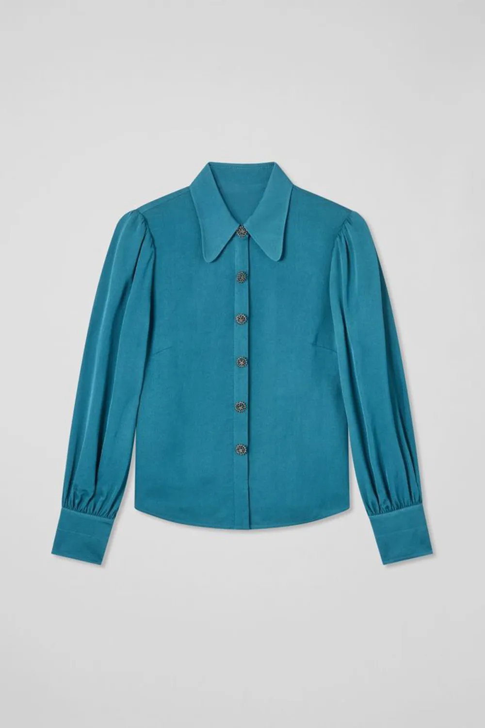 Teal Long Sleeve Button Down Silk Blouse