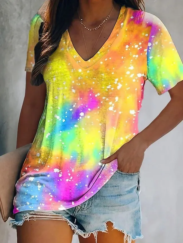 Women's T shirt Tee Tie Dye Casual Weekend Yellow Print Short Sleeve Basic V Neck Regular Fit