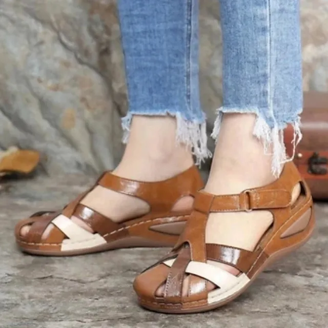 Women's Sandals Wedge Sandals Comfort Shoes Plus Size Outdoor Office Daily Summer Buckle Wedge Heel Round Toe Closed Toe Classic Casual Walking Shoes PU Leather Faux Leather Magic Tape Color Block