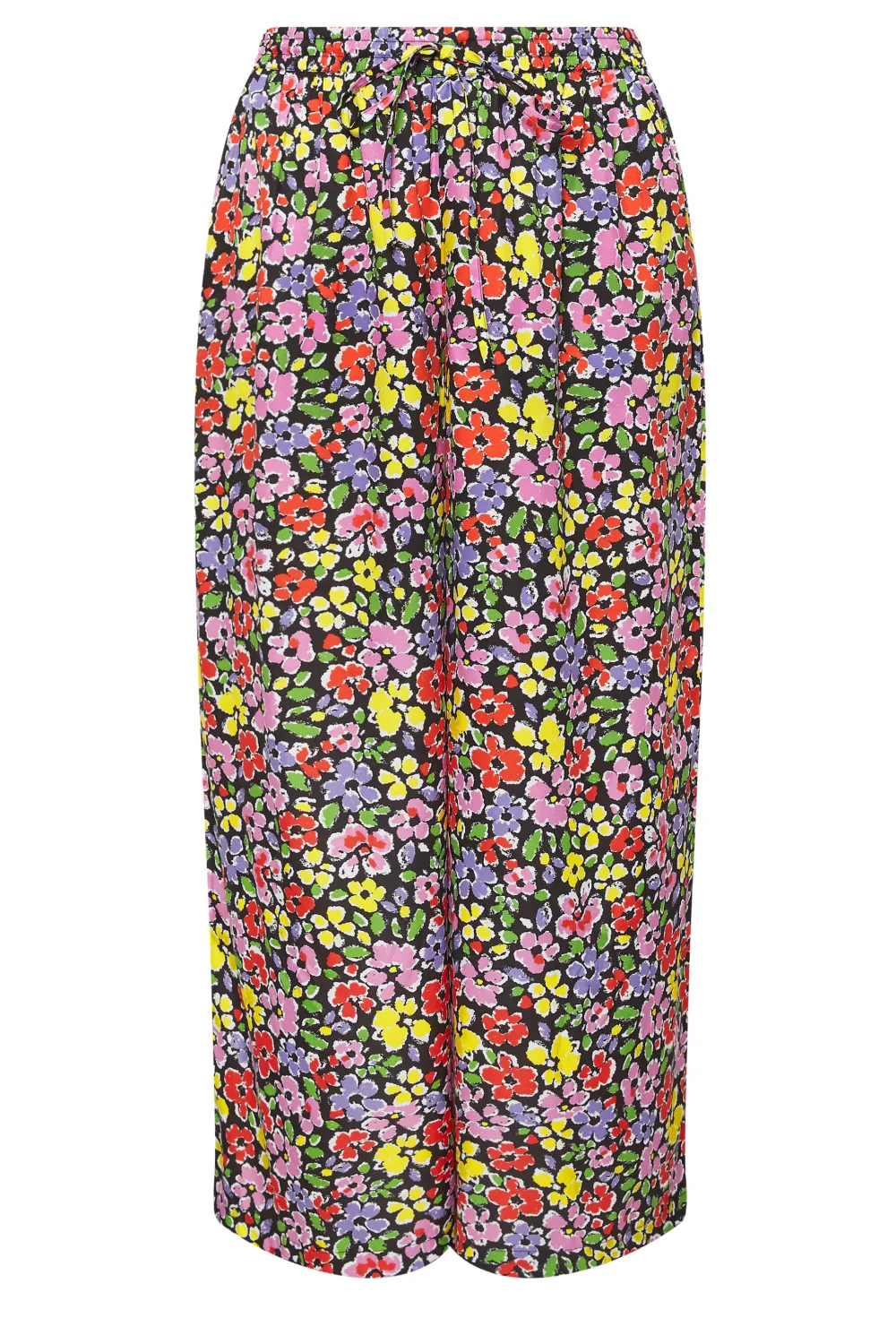 Yours Curve Black Leaf Print Drawstring Wide Leg Trousers