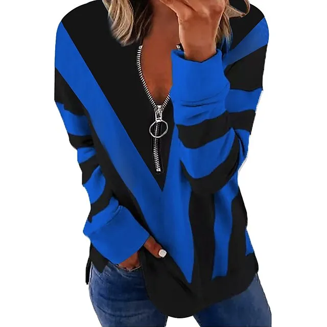 Women's Sweatshirt Pullover Color Block Abstract Streetwear Basic Zipper White Blue Purple Casual V Neck Long Sleeve Spring &  Fall Fall & Winter