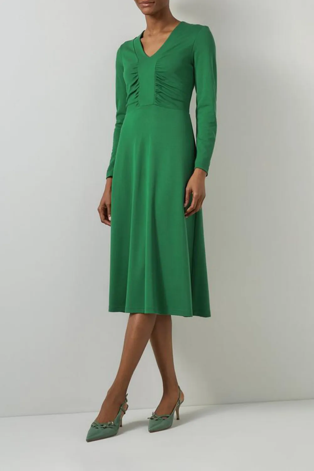 Green Ruched Front Long Sleeve Midi Dress