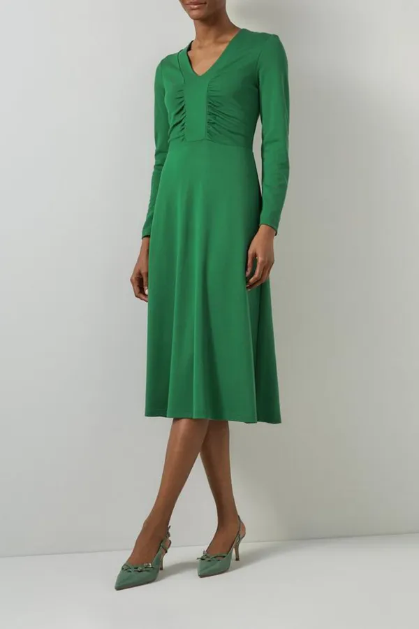Green Ruched Front Long Sleeve Midi Dress