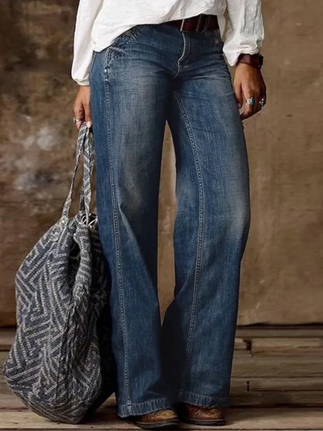 Denim Casual Loose Plain Jeans