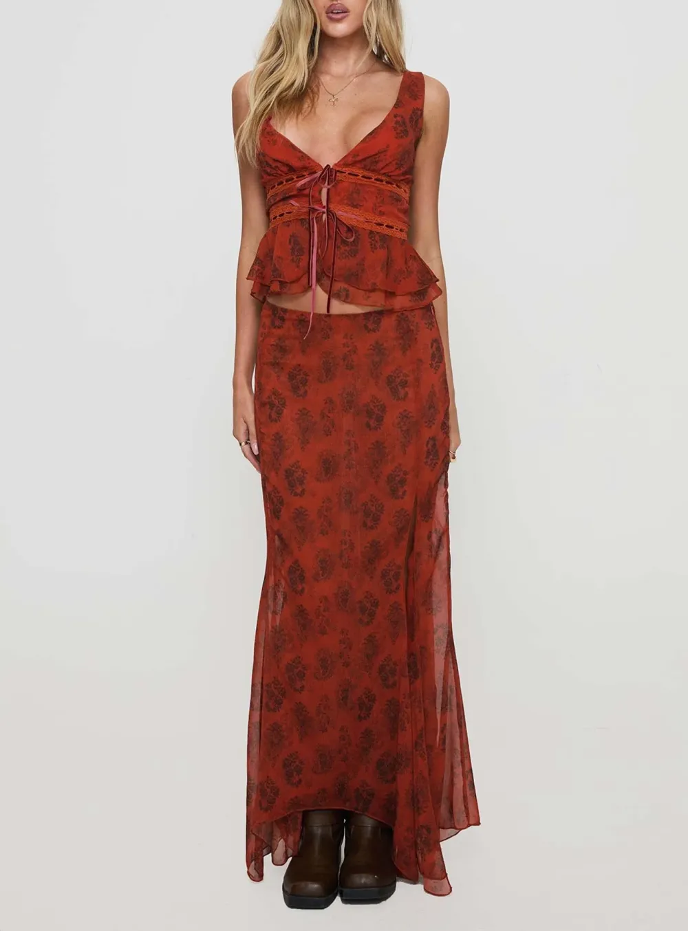 Floral Print Asymmetric Maxi Skirt