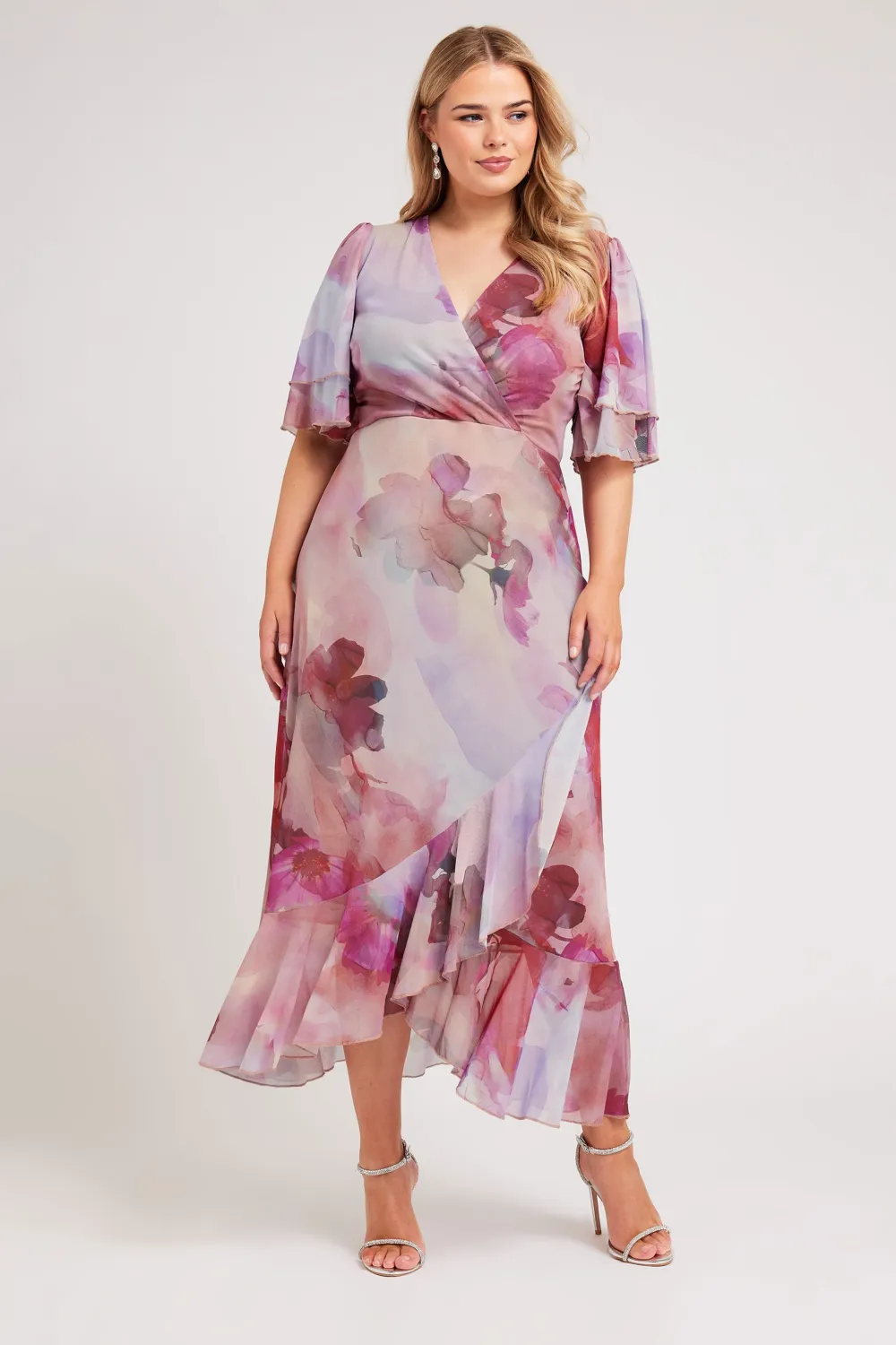 YOURS LONDON Curve Pink Abstract Floral Print Wrap Maxi Dress