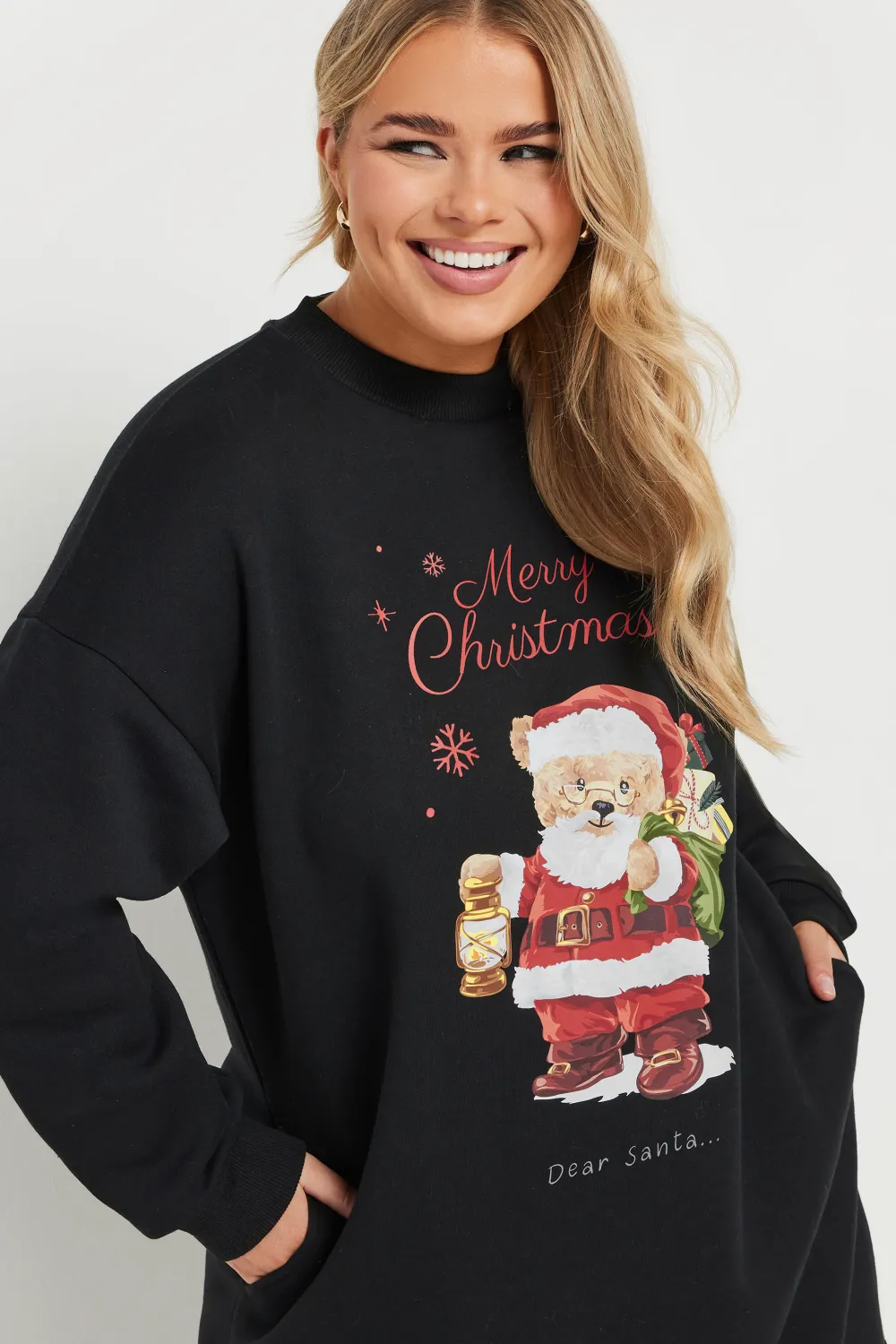 YOURS Curve Black 'Merry Christmas' Teddy Bear Sweatshirt Dress