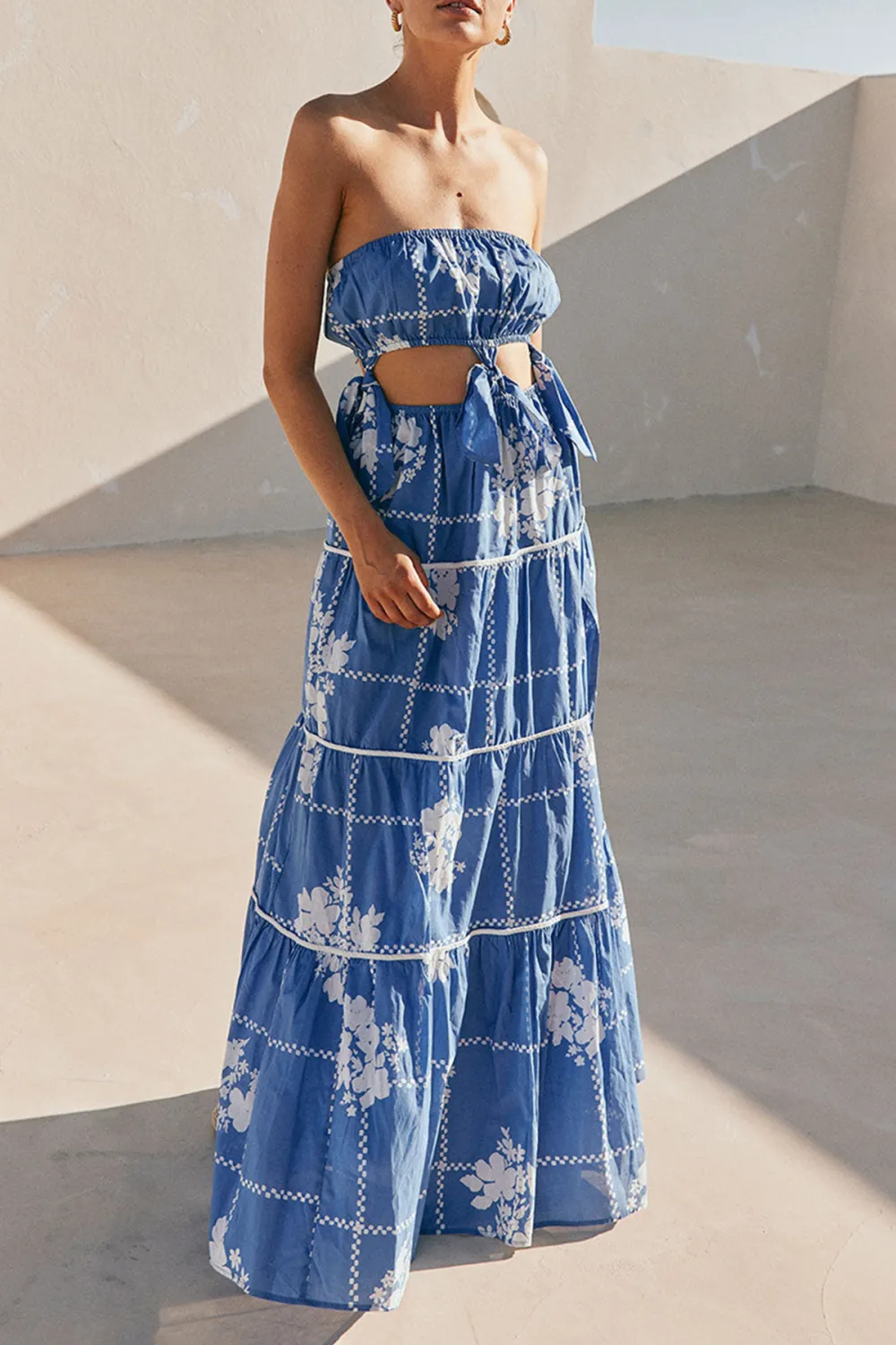 Strapless Tiered Floral Print Maxi Dress