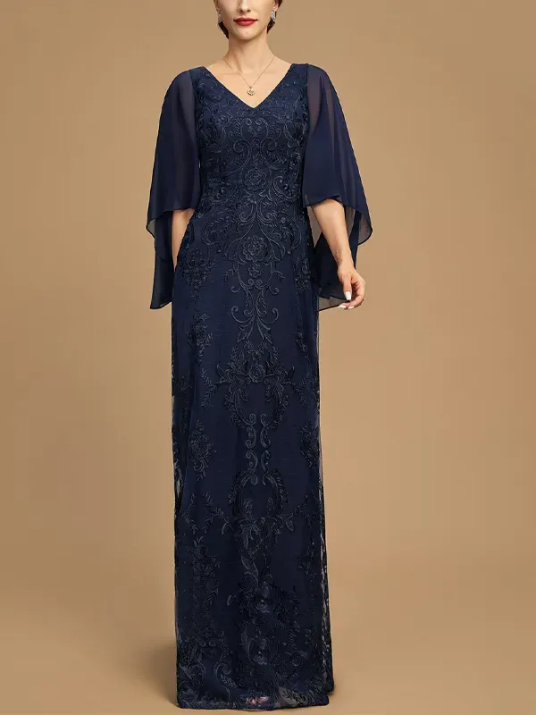 V-neck Lace Solid Color Mesh Gown Maxi Dress