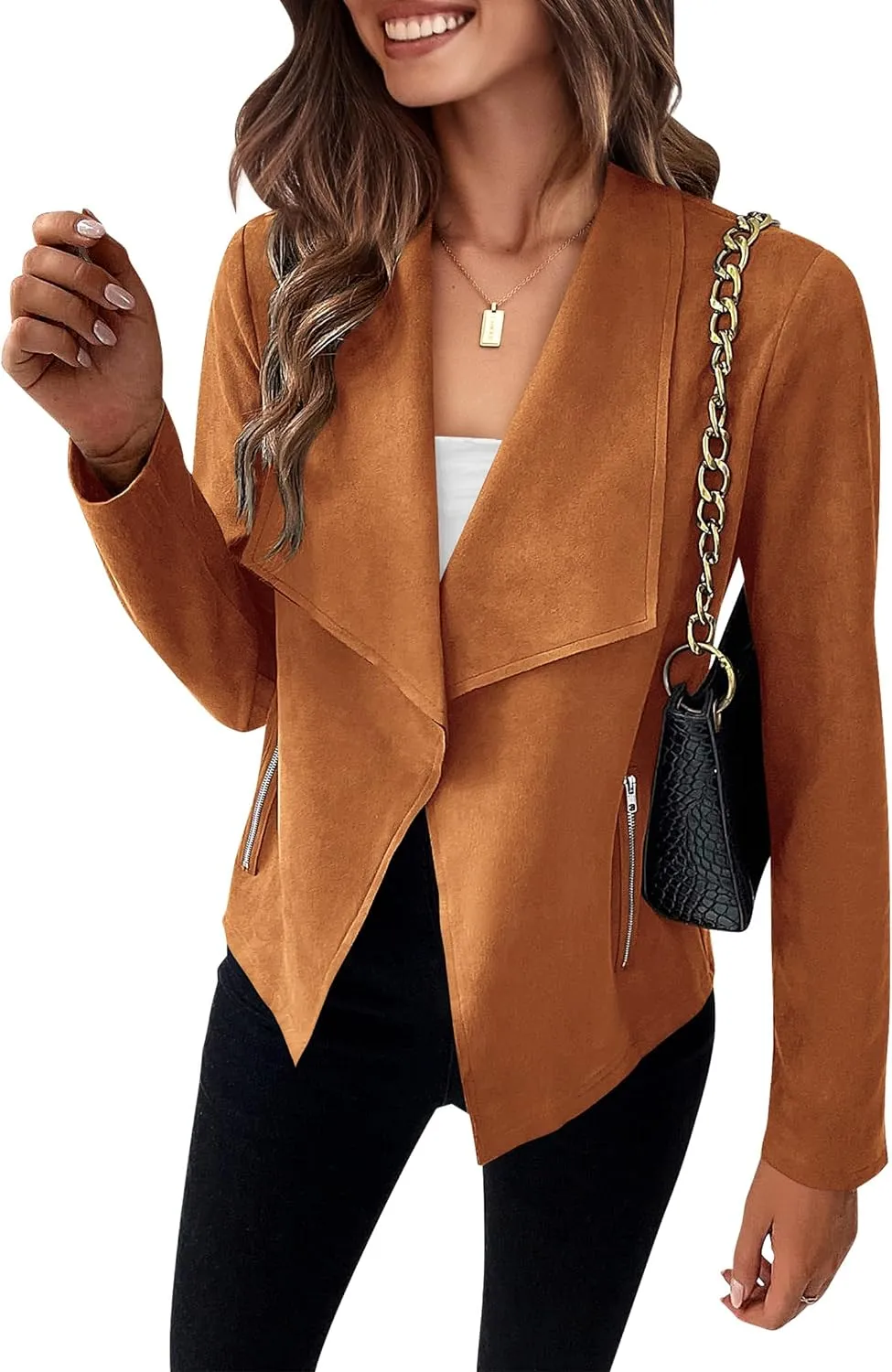 Women's Faux Suede Jackets 2023 Fall Clothes Long Sleeve Open Front Cropped Coat Outwear