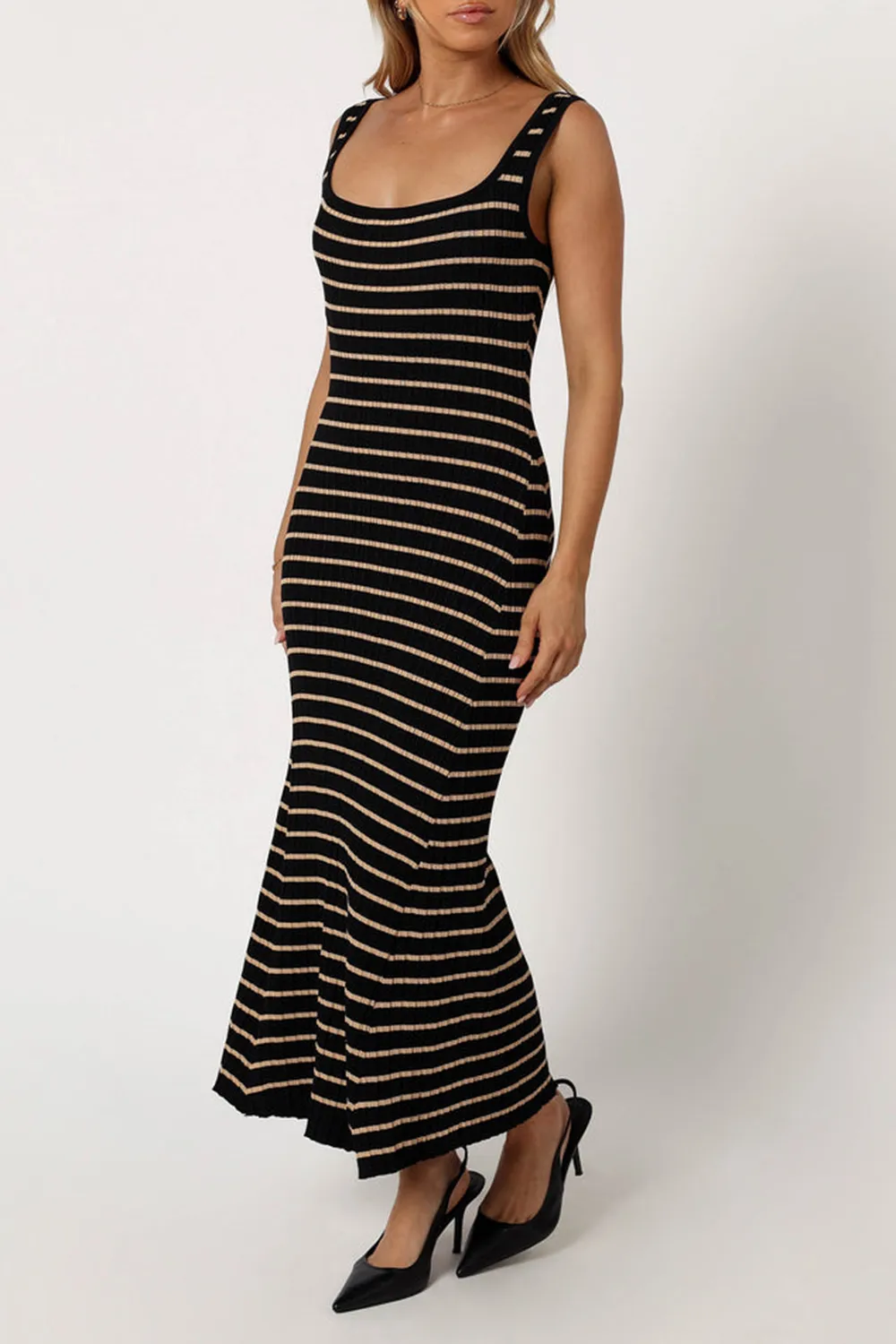 BLACK BEIGE STRIPED MIDI DRESS